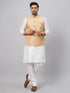 Vastramay Men's Beige Matka Silk Nehru Jacket With White Silk Blend Kurta Pyjama Set